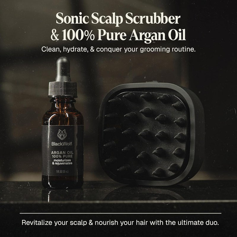 Black Wolf Sonic Scalp Head Massager & 100% Pure Argan Oil Bundle - Hair Care Products for Healthy Looking Hair & Scalp - Men's Shower & Bathroom Essentials Set - Image 2